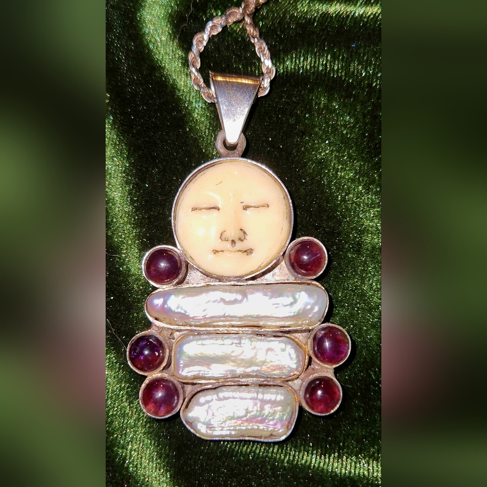 Sterling Silver, Horn/Bone Face, Pearl and Amethyst Necklace